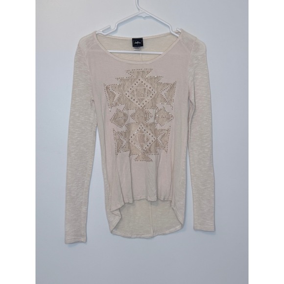 Daytrip Tops - Daytrip Cream Lace Rhinestone High Low Long Sleeve Top XS Ivory Marl